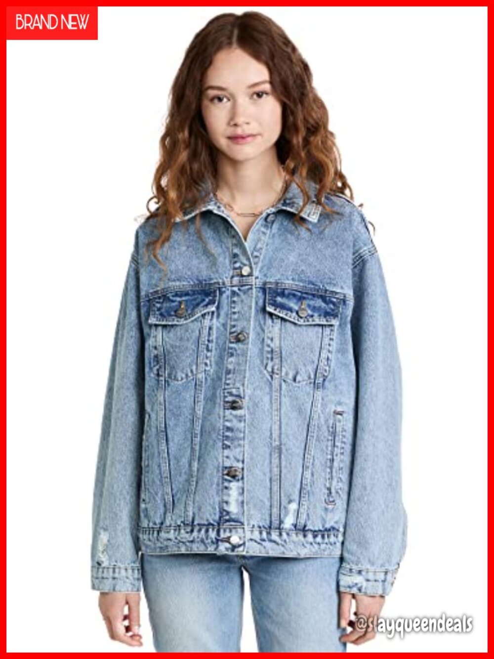 Oversized Denim Jacket Button Front Long Sleeve Slant Pockets